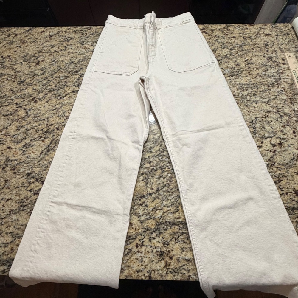 Zara Women Cream High Waisted Wide Leg Marine Pants Size 10 Off White Pocket ws